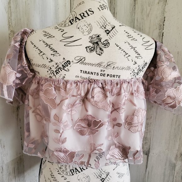 NWOT TOBI ROSE GOLD LACE OFF SHOULDER CROPPED TOP - Picture 8 of 9
